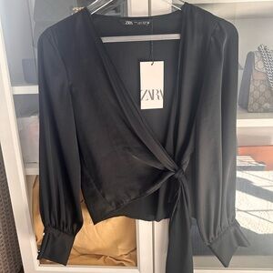Zara Black Tie Waist Wrap Top with Pearl Sleeve Cuff-Small NWT